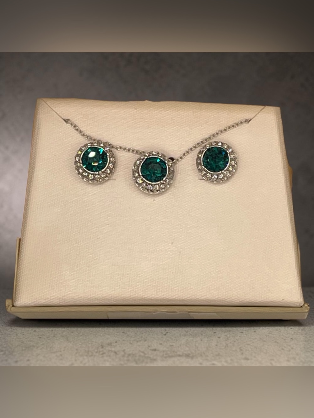 PAJ Sterling Silver Rhodium Plated Green Crystal Halo Pendant & Earring Set